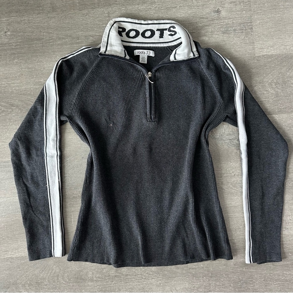 Roots Grey and White Quarter-Zip Sweater